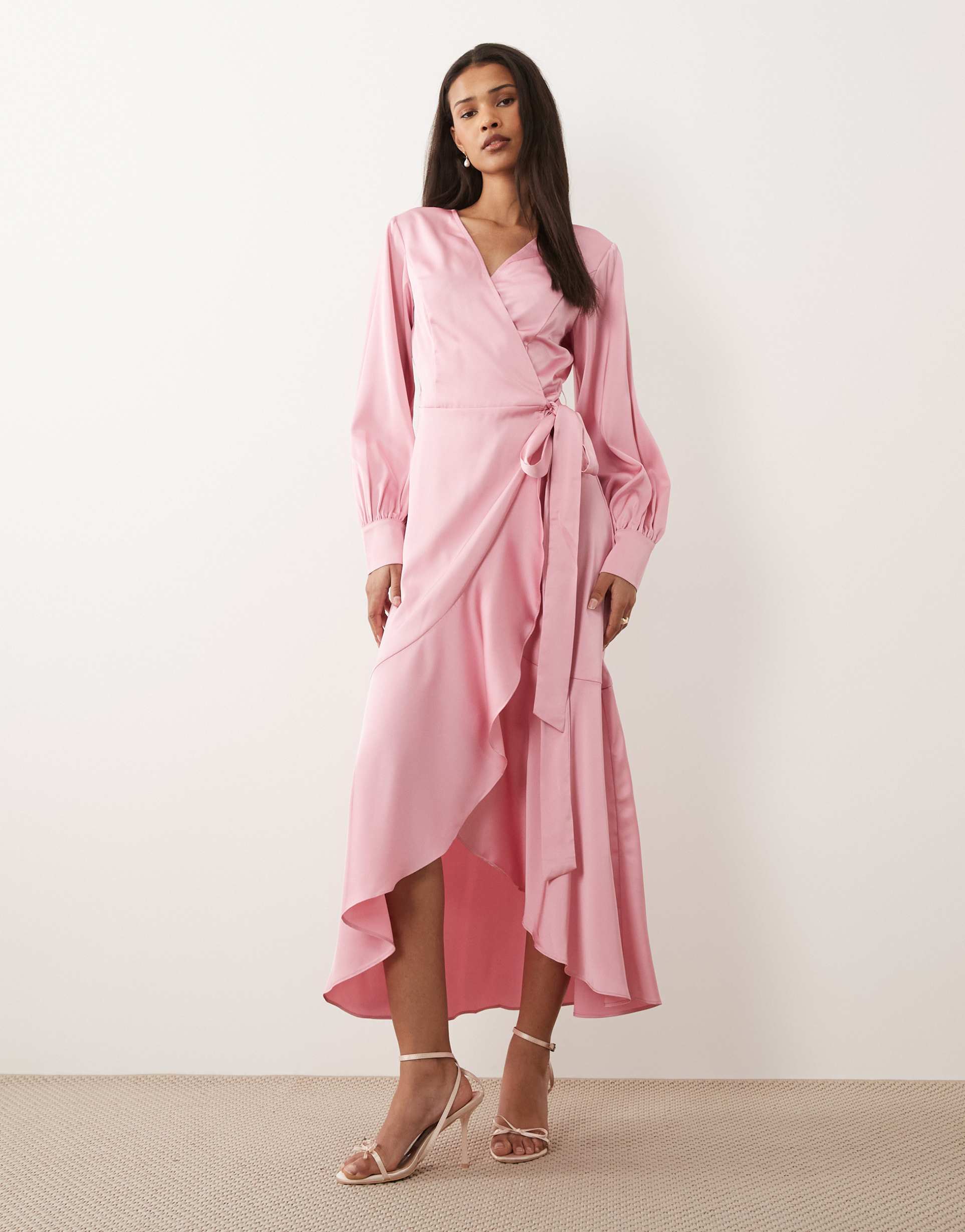 vila long sleeve satin wrap midi dress in light pink