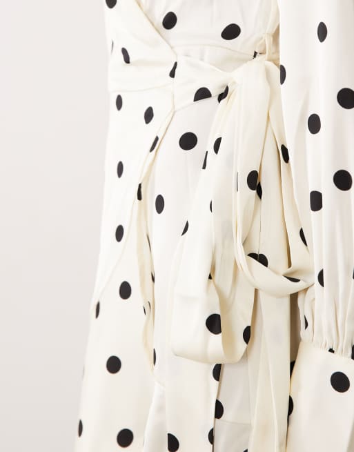 Vila long sleeve satin wrap mini dress in cream polka dot, 3 of 4