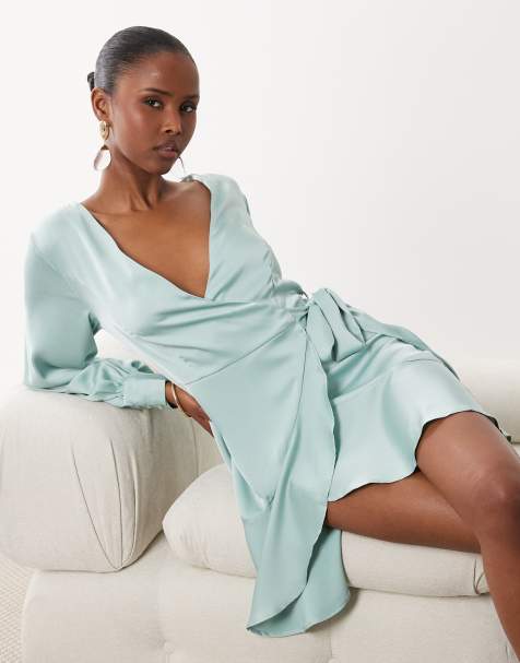 Vila long sleeve satin wrap mini dress in green milieu