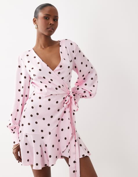 Vila long sleeve satin wrap mini dress in pink polka dot - view 1
