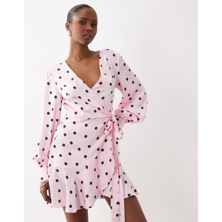 pink and white wrap dress The Coastal Poplin Puff-Sleeve Wrap Midi Dress