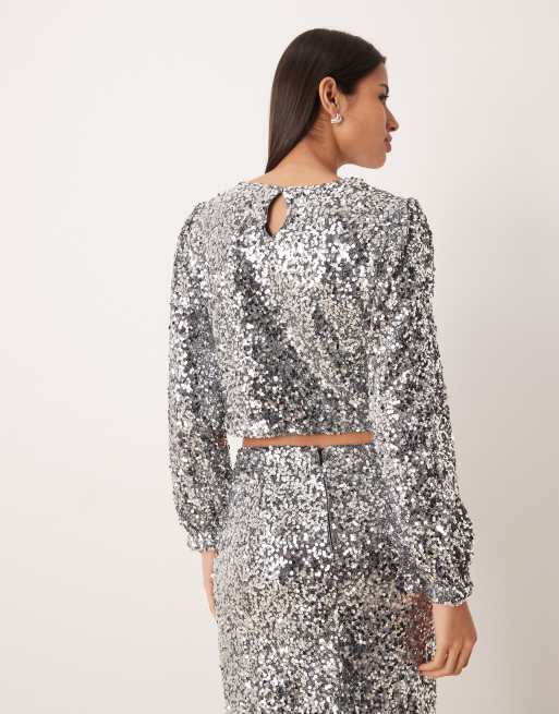 Vila long sleeve sequin top co-ord in silver, 4 of 4