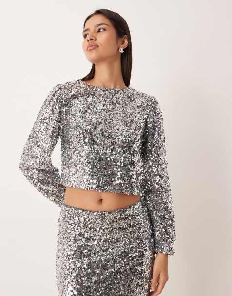 VILA long sleeve sequin top in silver (part of a set) - view 1