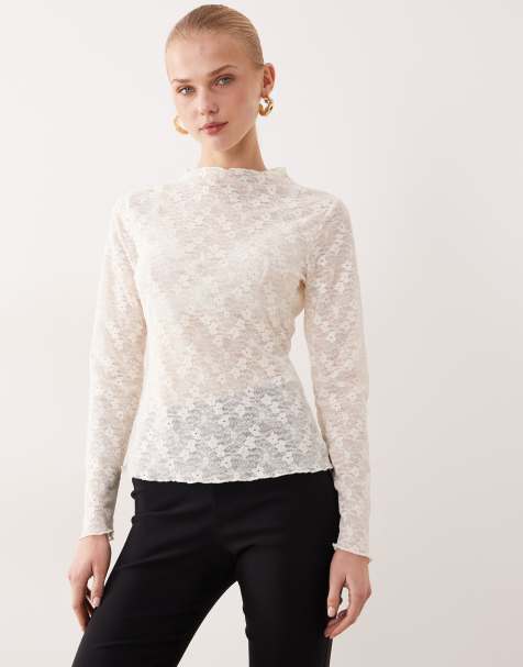 Vila long sleeve sheer lace top in cream - view 1