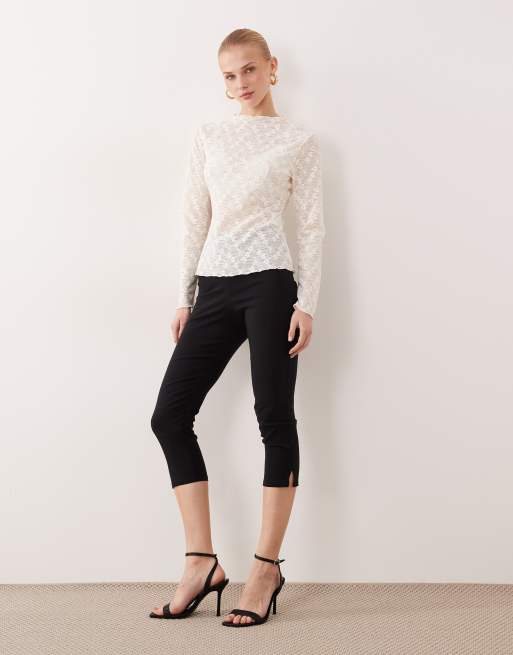 VILA long sleeve sheer lace top in cream, 3 of 4