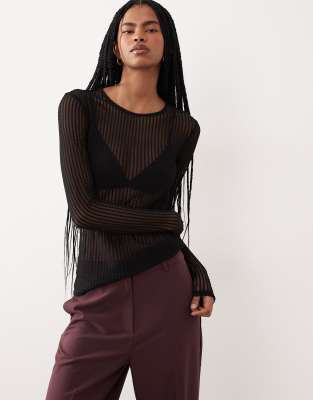Vila Long Sleeve Sheer Mesh Striped Top In Black