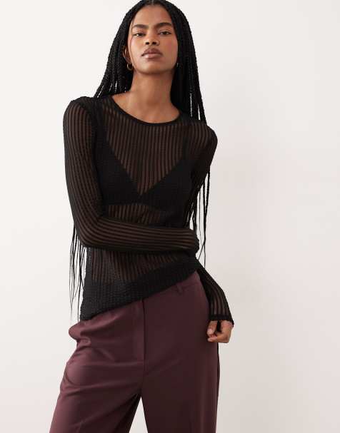 Vila long sleeve sheer mesh striped top in black - view 1