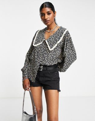 Vila long sleeve shirt with collar in black floral