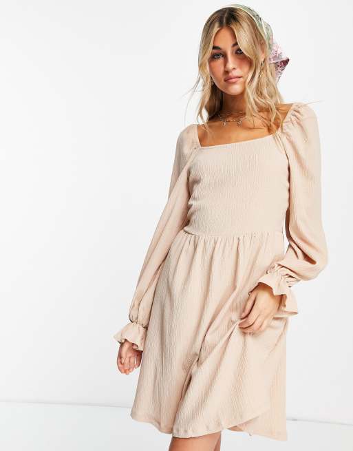 Vila long sleeve smock dress in beige