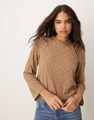 long sleeve textured top in gold yellow-Brown