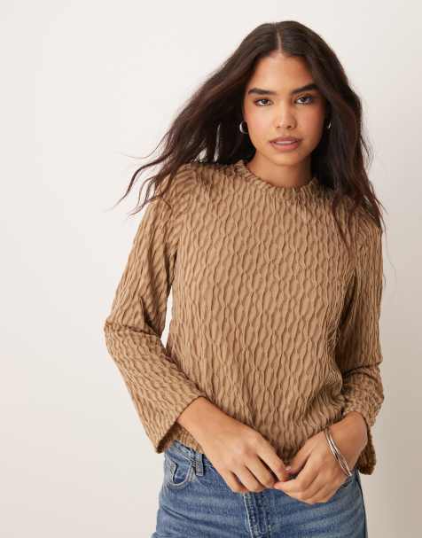 Vila long sleeve textured top in gold yellow - view 1