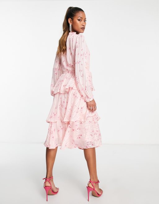 Vila long sleeve tiered chiffon midi dress in pink floral ASOS