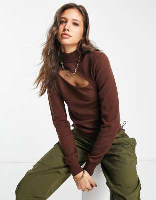 Vila Long Sleeve Top With Cut Out In Brown