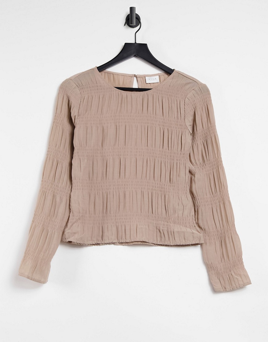 Vila long sleeve top with gathered detail in beige-Neutral