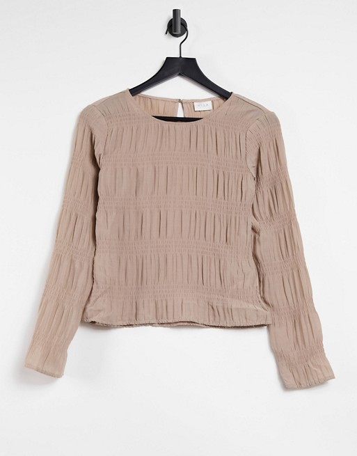 Vila long sleeve top with gathered detail in beige