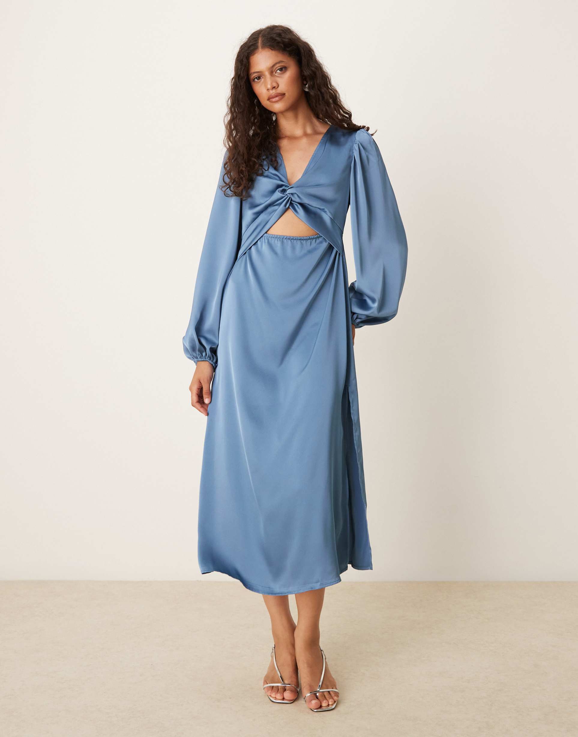 vila long sleeve twist front satin midi dress in mid blue