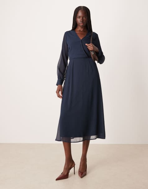 VILA long sleeve v-neck midi dress in black - view 1