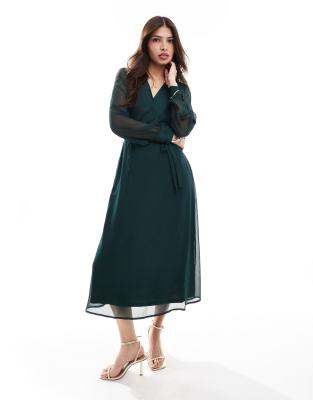 long sleeve V-neck midi dress in dark green