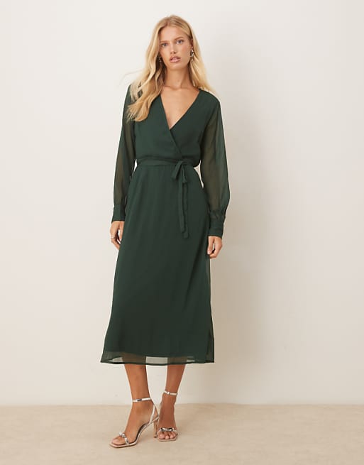 dark green midi dress with sleeves Warehouse Chiffon Ruffle Gathered Bodice This stylish dark green midi dress features delicate ruffle sleeves and a flattering V Wulmleo Women's 2025 Spring Fall
