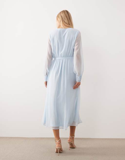 Vila long sleeve v-neck midi dress in light blue, 4 of 4