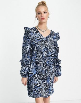 Vila long sleeve v neck mini dress with shoulder ruffles in blue animal cheetah print