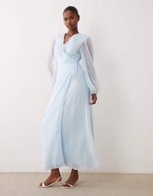 Vila Long Sleeved Dobby Chiffon Maxi Dress In Blue