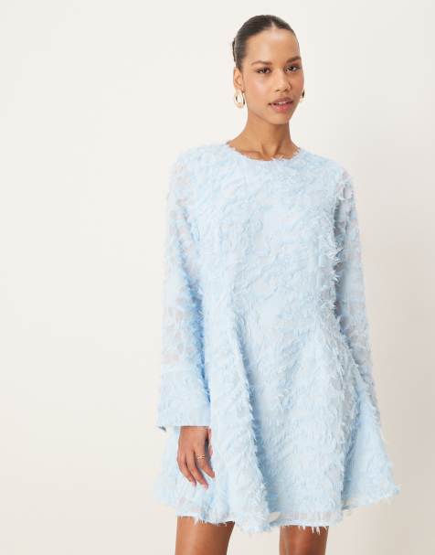 Vila long sleeved feathered mini dress in pastel blue - view 1