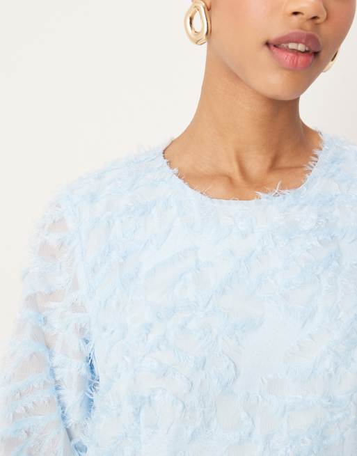 VILA long sleeved feathered mini dress in pastel blue, 2 of 4