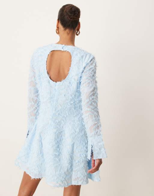 VILA long sleeved feathered mini dress in pastel blue, 3 of 4