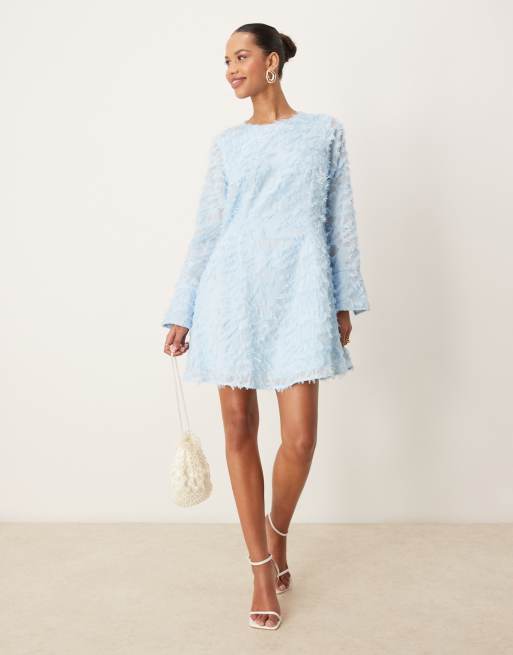 VILA long sleeved feathered mini dress in pastel blue, 4 of 4