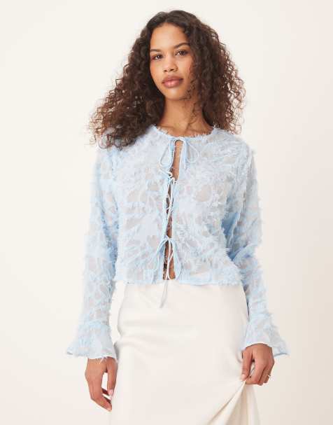 Vila long sleeved feathered tie front top in pastel blue - view 1