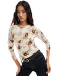 [Vila] Vila long sleeved mesh top in beige watercolour floral-White S BIRCH W FLOWERS