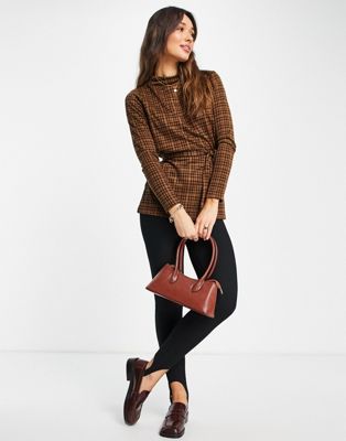 Vila long sleeved top with high neck and tie waist in brown check