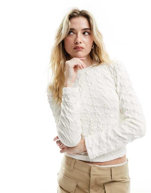 Vila long sleeved top with rose texture print in cream