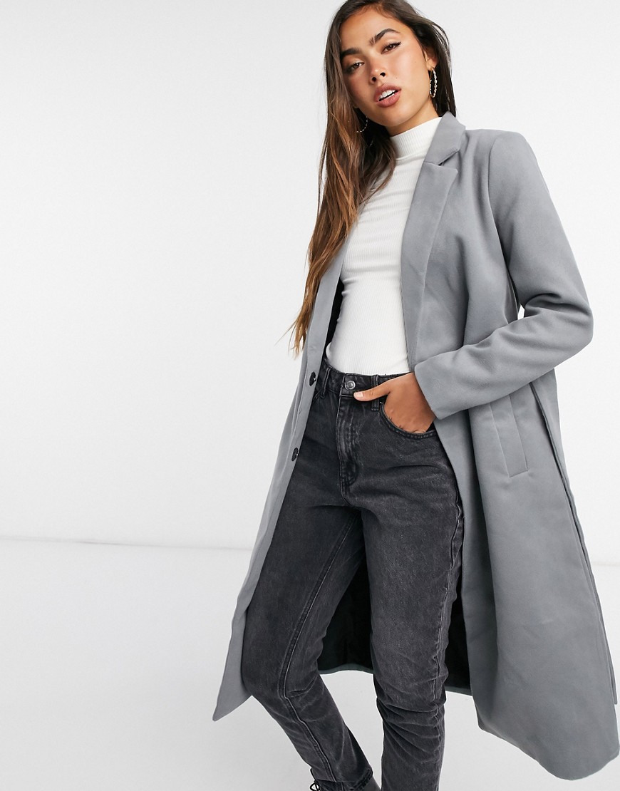 Vila longline coat with belted wrap front in gray