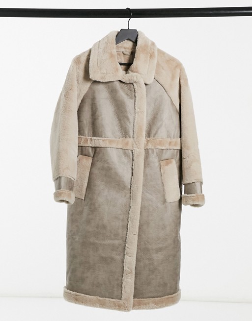 Vila longline faux fur coat with panelled detail in beige