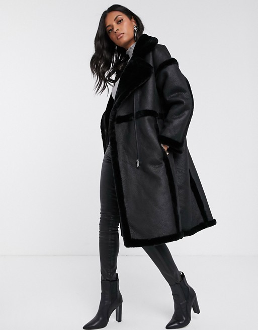 Vila longline faux fur shearling coat in black