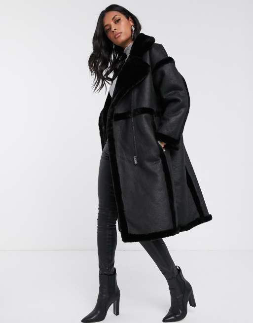 Long black cheap shearling coat womens