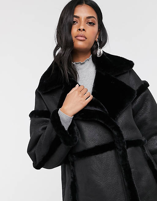 Vila Longline Faux Fur Shearling Coat, Black Faux Fur Shearling Coat Womens