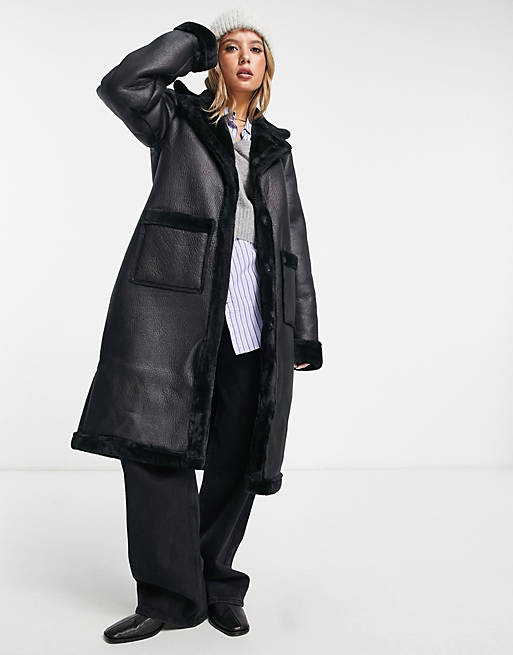 Vila longline faux shearling lined coat in black