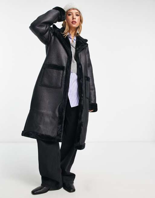 Black long shop shearling coat