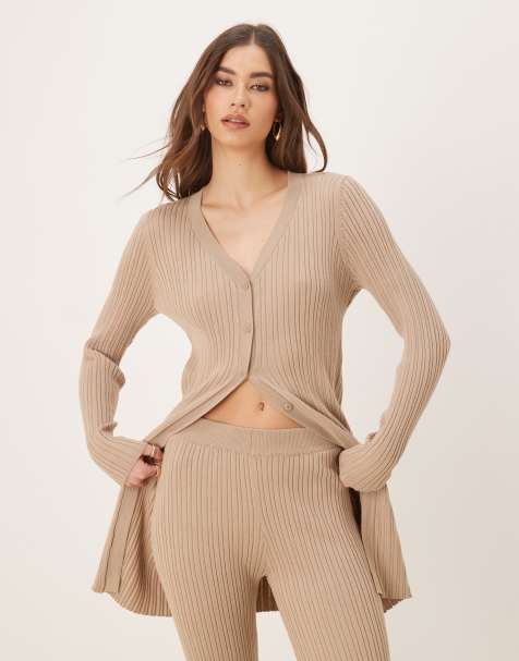 Vila longline ribbed cardigan and flare trouser set in beige - view 1