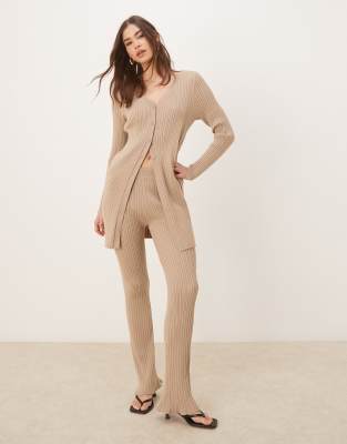 longline ribbed cardigan in tan - part of a set-Neutral