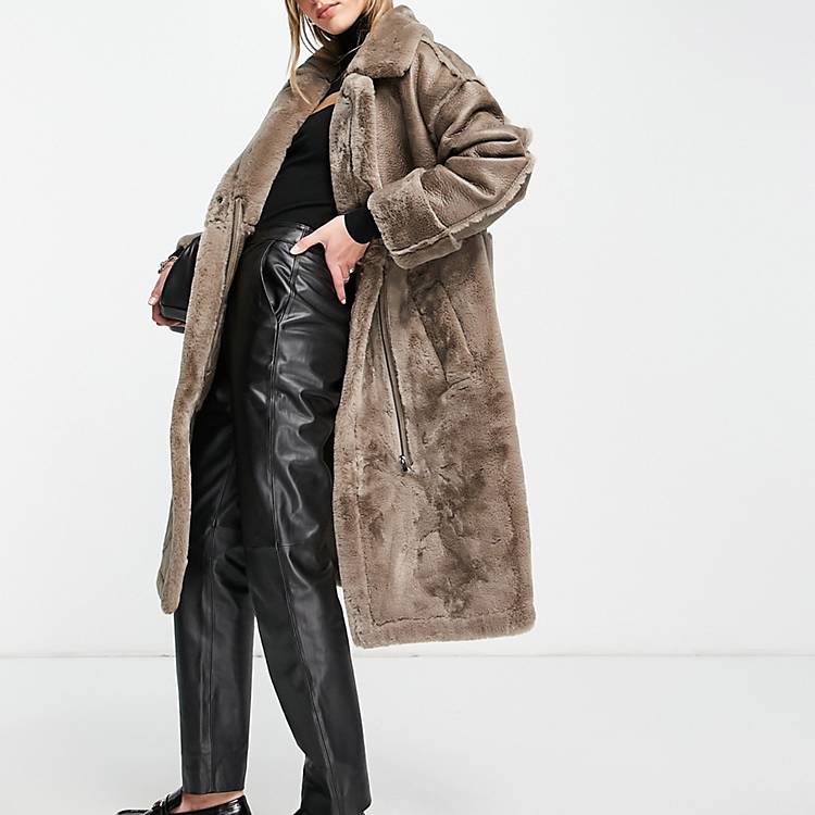 Longline shearling coat with panel detail in stone Asos Women Clothing Jackets Shearling Jackets 