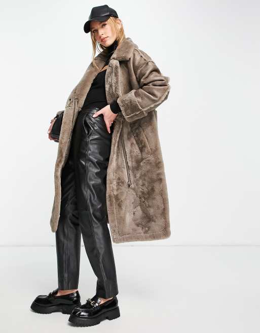 Vila longline shearling coat with panel detail in stone | ASOS