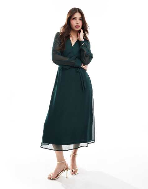 Vila longsleeve v-neck midi dress in dark green - view 1