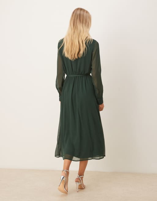 Vila long sleeve V-neck midi dress in dark green