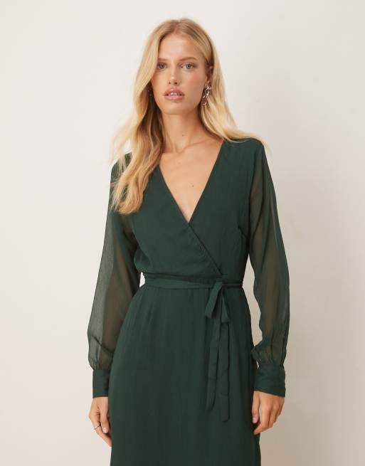 Vila long sleeve V-neck midi dress in dark green