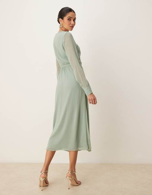 VILA longsleeve v-neck midi dress in sage green