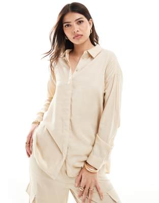 Vila loose fit shirt co-ord in beige sheen-Neutral